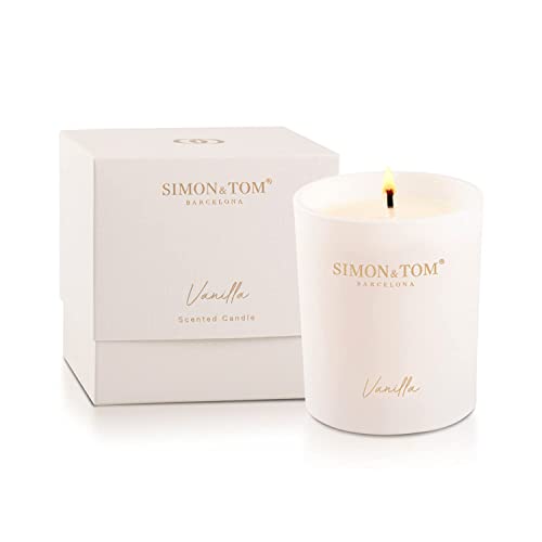 Simon&amp;Tom Velas Aromáticas para Regalo - Fragancia a Vainilla - Cera de Soja Natural - Larga Duración - 100 Horas de Autonomía - Vela perfumada y decorativa en frasco de cerámica - Aromaterapia