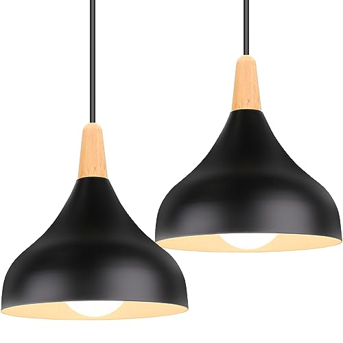 iDEGU Lámpara de Techo Retro LED Lámpara Colgante Moderna Estilo Gota E27 Iluminación de techo Vintage en Madera Metal Lámpara moderna para Dormitorio Comedor Cocina, 20cm (Negro, 2 Piezas)