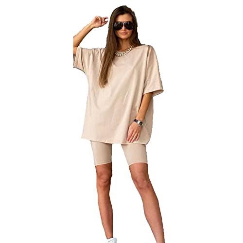 FFNR 2 Piece Summer Oversized Casual Suit for Women, Lounge Outfit Wear Sets Outfits Summer Sexy Cute for Women, Cotton Linen Loose 3/4 Sleeve Oversized Top and Cropped Pants Set (Medium,Khaki)