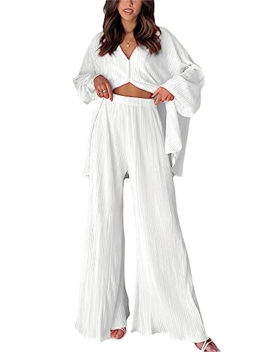 Casual 2 Piece Outfit for Women Long Sleeve Button Down Shirt Flare Pleated Wide Leg Pants Sets (A-White, M)