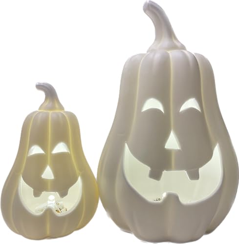 khevga Juego de 2 luces LED de calabaza para decoración otoñal de Halloween, color blanco, 17 y 11 cm de alto