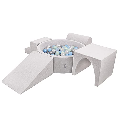 KiddyMoon Foam Playground For Kids With Round Ballpit (200 Balls) Obstacle Course, Lightgrey:Pearl/Grey/Transparent/Babyblue/Mint