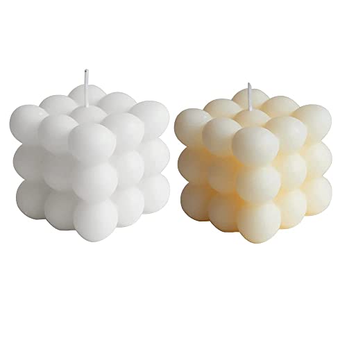 MOPOIN Bubble Vela Aromatica, 2 Unidades Velas de Burbujas, Sostenibles, Salud y Protección del Medio Ambiente Vela Geométrica para Dormitorio, Oficina o Salón Decoración (Blanco Lechoso + Blanco)