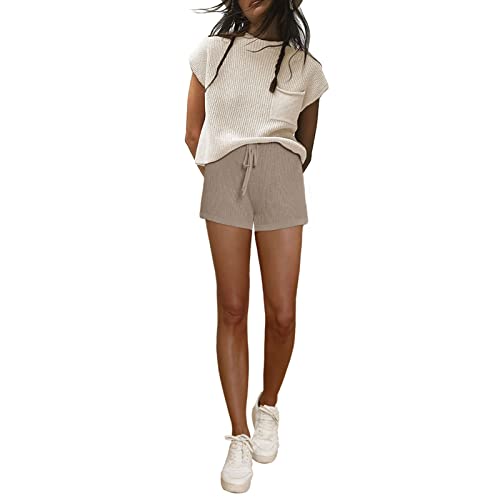 Lehuanwang Women's Two Piece Outfits: Sweater Sets Knit Pullover Tops and High Waisted Shorts