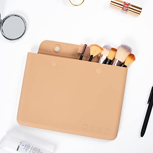 Silicone Makeup Bag, Travel Cosmetic Bags with Double Magnetic Buckle Flap, Soft and Portable Toiletry Bag, Travel Make Up Bag and Makeup Brush Holder for Women (Khaki)