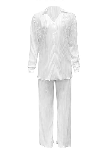 Casual 2 Piece Outfit for Women Long Sleeve Button Down Shirt Flare Pleated Wide Leg Pants Sets (A-White, M)