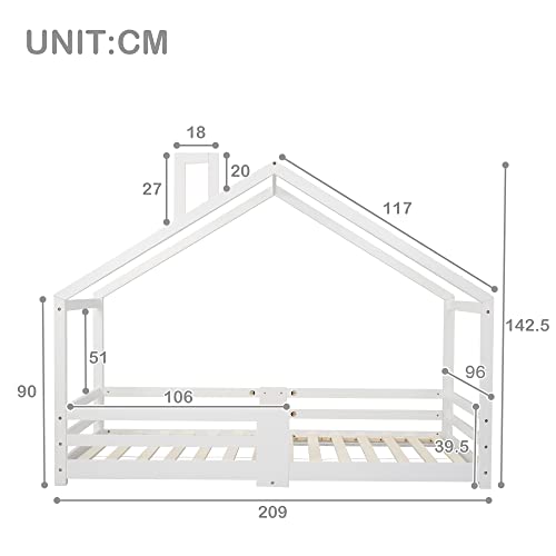 Cama infantil con chimenea y protección contra caídas, madera de pino robusta, 90 x 200 cm, para 5-10 años, sin colchón, cama para niños (blanco 2)