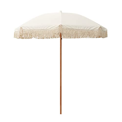 Portable UV Protection Beach Umbrella With Fringe - Waterproof Sunshade Beige