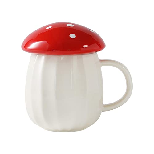 Qianly Cute Mushroom Cup Mug Regalo Botella de Agua Taza de cerámica Mango Engrosado Drinkware con Tapa Durable para de Naranja Agua Leche Hogar Cocina, Rojo