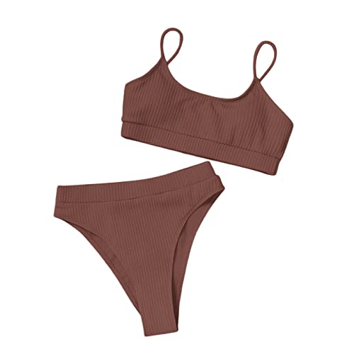 Women's Swimsuit Sets 2 Piece Solid Color Sling U Neck Swim Bra High Waist Bikini Swimwear Beachwear Suits (Red Wood, M)