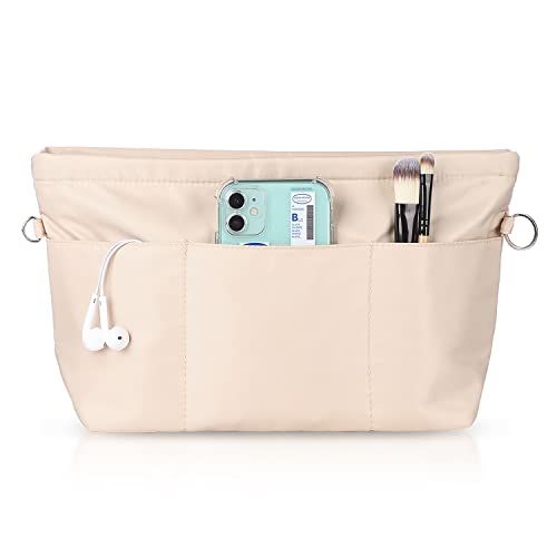 Etercycle Organizador de bolsos de mano, organizador de bolsillo de nailon con llavero, bolsillos interiores impermeables para bolsos organizador, beige, large