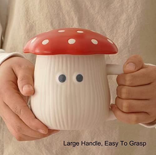 RESVUGA Cute Mushroom Mug with Lid, Handmade Glaze Cover & Eyes, Safety Matt Ceramic Milk Mugs, 300ml Cartoon Tea Cup. Best Gifts for Women & Girls.