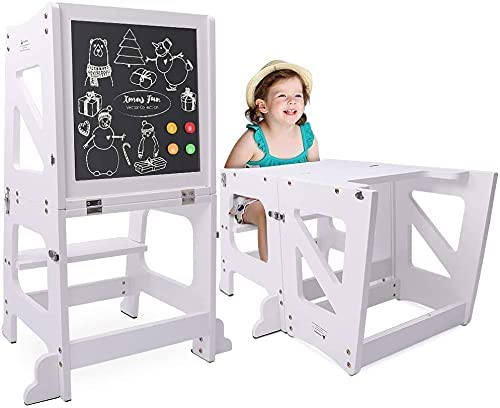 YOLEO Torre Aprendizaje Transformer, Torre Montessori para niños y bebés, Plegable Learning Tower con Pizarra Blanca y Negra magnéticas, Blanco - Madera