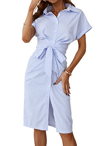 CUPSHE Women's Shirt Midi Casual Dress Stripe Button Down Short Sleeves Belt Casual Dress Blue S