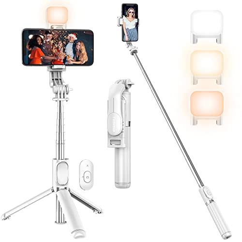 Palo Selfie Tripode con Luz de Relleno -Blanco, Tupwoon Selfie Stick Extensible 104cm con Desmontable Mando y Tripode Movil Compatível com iPhone, Android, Gopro.