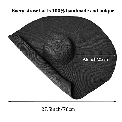 DECHISY Oversized Beach Straw Hat for Women, Fashion Large Wide Brim Visor Hats Handmade Roll Up Floppy Sun Hat for Summer Beach Cap, Black, Large