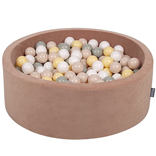 KiddyMoon Soft Ball Pit Round 90X30cm/200 Balls ∅ 7Cm / 2.75In For Kids, Foam Velvet Ball Pool Baby Playballs, Made In EU, Desert Pink:Pastel Beige/Greengrey/Pastel Yellow/White