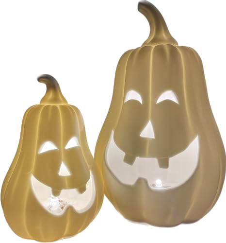 khevga Juego de 2 luces LED de calabaza para decoración otoñal de Halloween, color blanco, 17 y 11 cm de alto