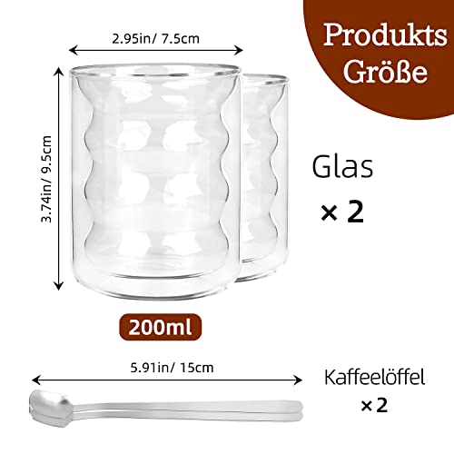 Juego de 2 Tazas de Café Cristal - Vasos Doble Pared Cristal 200ml - Vasos Cafe Cristal Transparente Borosilicato con Cuchara para Café Latte Macchiato Cappuccino Té y Más