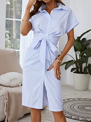 CUPSHE Women's Shirt Midi Casual Dress Stripe Button Down Short Sleeves Belt Casual Dress Blue S