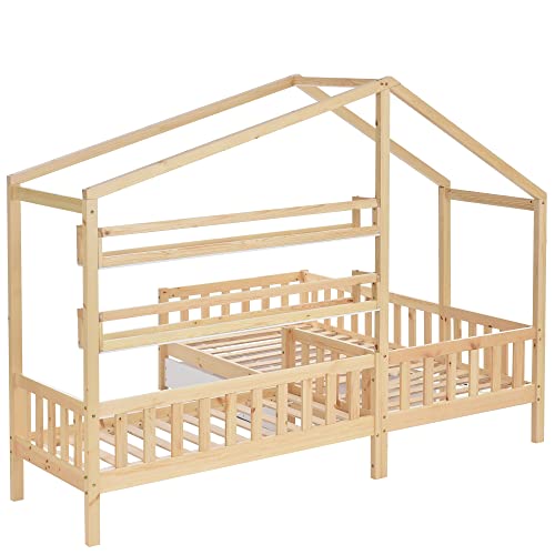 GFM Cama infantil con cajones y estantes, madera maciza con valla y somier, estructura en L, natural (90 x 200 cm+140 x 70 cm)