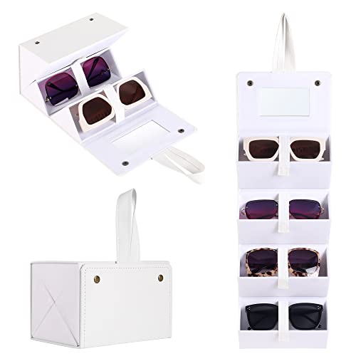 Muf Organizador de Viaje para 4 gafas de sol, plegable y mejorado con espejo y correa. Adecuado para gafas de sol grandes. Estuche para almacenar múltiples gafas