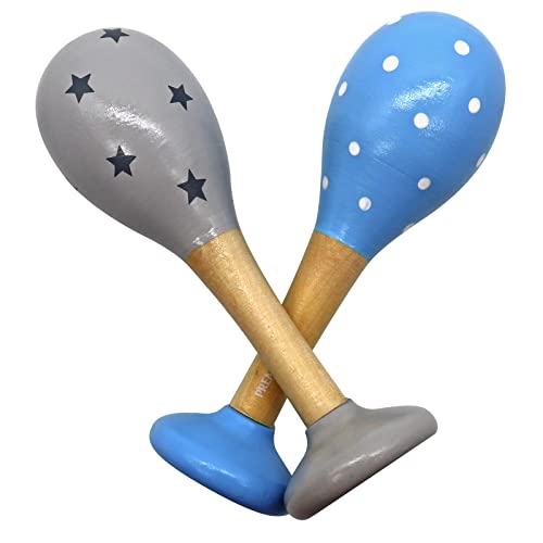 PREMYO Sonajeros Bebé Maracas - Juguete de Madera Infantiles - Instrumentos Musicales para Niños - Estrellas Gris Azul