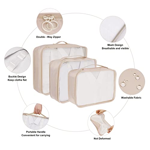 TAMOWA Organizadores de Viajes, 9 en 1 Set de Organizador de Equipaje, Impermeable Organizador de Maleta Bolsa Cubos de Embalaje, Bolsas Organizadoras Maleta para Ropa, Zapatos, Cosméticos, Beige