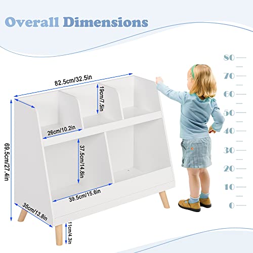 Lestarain Libreria Infantil para Niños, Estanteria Infantil para Juguetes con 5 Zonas, Mueble Infantil para Libros y Juguetes, para Habitación Infantil y Guardería, 82x35x70 cm, Blanco