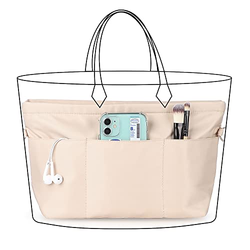 Etercycle Organizador de bolsos de mano, organizador de bolsillo de nailon con llavero, bolsillos interiores impermeables para bolsos organizador, beige, large