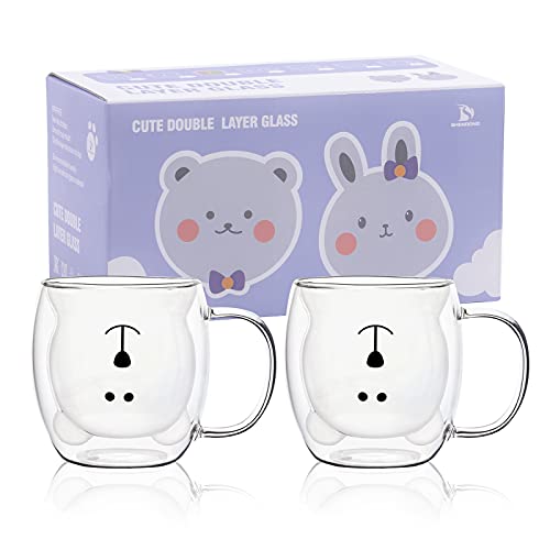 Tazas de oso lindo Juego de 2 Oso de tazas lindo Taza de café con mango Taza de leche de 8.5 ozTazas de café expreso de vidrio aislante de doble paredRegalo de cristal para, día de San y oficina