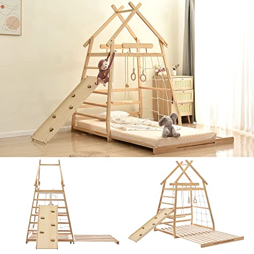 Montessori House Bed: Loft Bed with Swing, Youth Bed, Pull-Up Ring, Ladder, and Climbing Net, with Retractable Slats, Pine Frame, Natural (120X200cm)