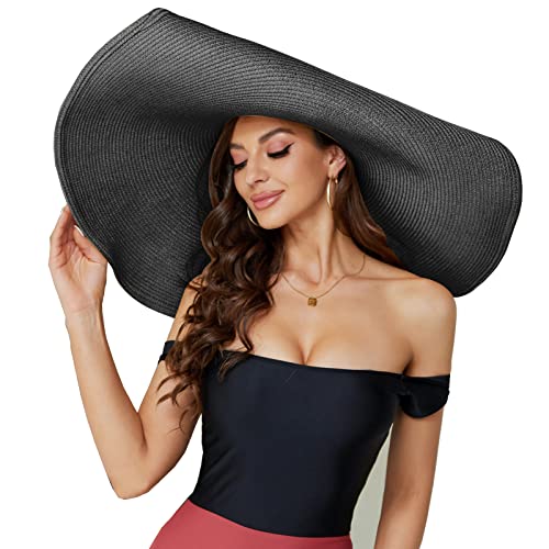 DECHISY Sombrero de paja de playa de gran tamaño para mujer, sombreros de visera de ala ancha grandes de moda hechos a mano, sombrero de sol enrollable flexible para playa de verano, negro, grande