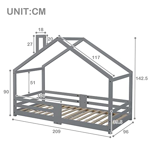 Cama infantil con chimenea, protección contra caídas, somier de láminas de madera de pino, cama para niños, 90 x 200 cm, sin colchón, color gris