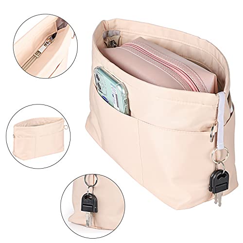 Etercycle Organizador de bolsos de mano, organizador de bolsillo de nailon con llavero, bolsillos interiores impermeables para bolsos organizador, beige, large