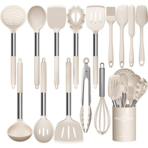 Umite Chef - Juego de utensilios de cocina, 15 piezas de silicona, resistente al calor, antiadherente, sin BPA, mango de acero inoxidable, espátulas, pinzas, batidor y utensilios de cocina