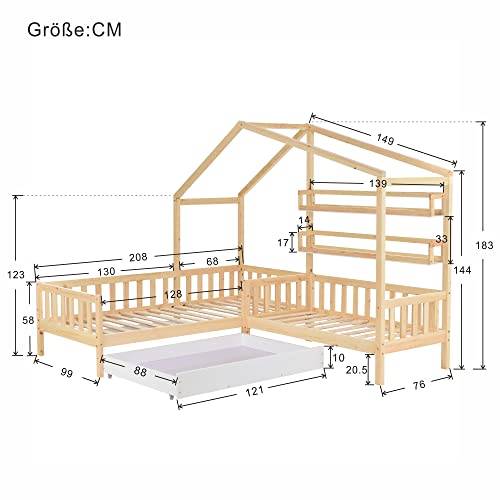 GFM Cama infantil con cajones y estantes, madera maciza con valla y somier, estructura en L, natural (90 x 200 cm+140 x 70 cm)