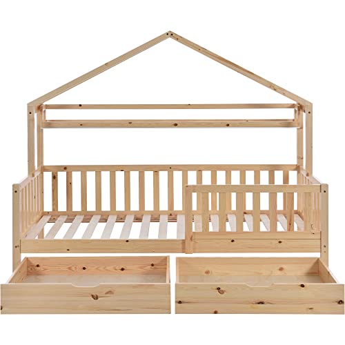 KecDuey Cama infantil en color madera, 90 x 200 cm, cama infantil con cajones, madera maciza con somier, madera de pino (color madera, 90 x 200 cm)