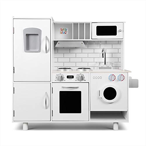 Baby Vivo Cocina de Juguete de Madera Microondas Niños Infantil Horno y Estufa Lavabo Lavadora - Bruno en Blanco