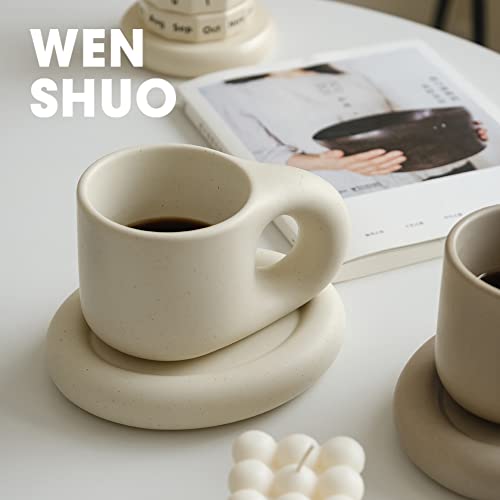 WENSHUO Chubby Cute Coffee Mug,Personalised Ceramic Coffee Cup & Saucer Sets for Office and Home, 9 oz for Latte Milk and Afternoon Tea,Cream