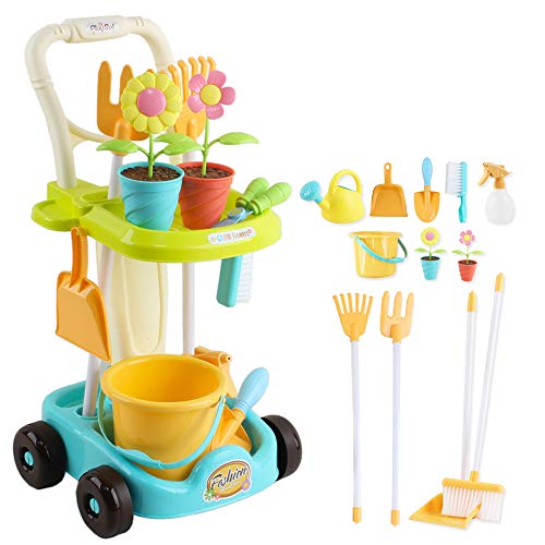 deAO- Juego de 26 Herramientas de jardinería Carrito con rastrillo, Pala, regadera, Cubo y Accesorios de jardín incluidos – Divertido Juguete Educativo para niños, Multicolor (FTAL-GRDN)