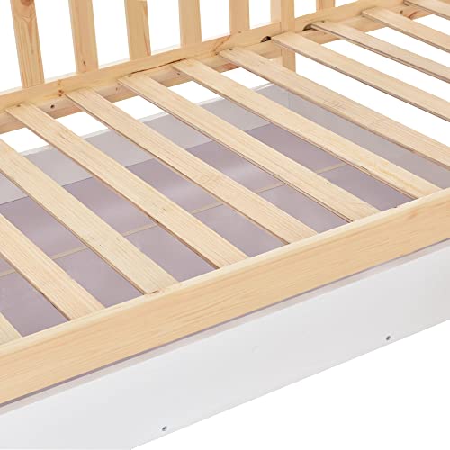 GFM Cama infantil con cajones y estantes, madera maciza con valla y somier, estructura en L, natural (90 x 200 cm+140 x 70 cm)