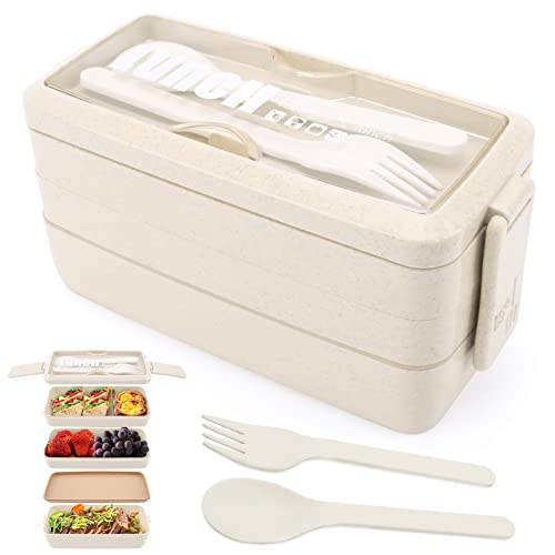 3 Layer Lunch Box Bento Box for Adults, 4-in-1 Meal Prep Container with Fork & Spoon, 1000ml Food Storage Box for Men Women Student School Office, Microwave Dishwasher Safe Available (Beige)