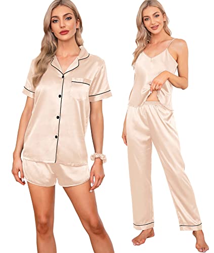 SWOMOG Womens 7pcs Silk Satin Pyjamas Sets