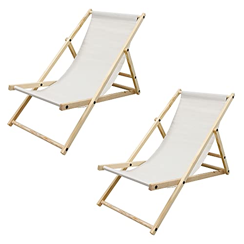 ECD Germany 2X Silla de Playa Madera de Pino 3 Posiciones de Reclinación Plegable Tumbona Tradicional de Sol para Jardín o Balcón Beige Impermeable hasta 120kg Tejido Oxford Hamaca de Terraza Piscina