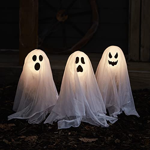 Lights4fun Conjunto de 3 Fantasmas Balizas con LED Blanco Cálido a Pilas para Uso en Exteriores