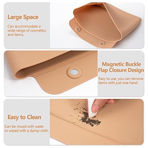 Silicone Makeup Bag, Travel Cosmetic Bags with Double Magnetic Buckle Flap, Soft and Portable Toiletry Bag, Travel Make Up Bag and Makeup Brush Holder for Women (Khaki)