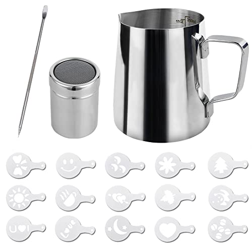 Jarro para espuma de leite 350 ml (12 onças) copo de jarro de leite em aço inoxidável Jarro de leite barista e caneta de arte para decoração de café com leite para fazer café cappuccino máquina de café com leite