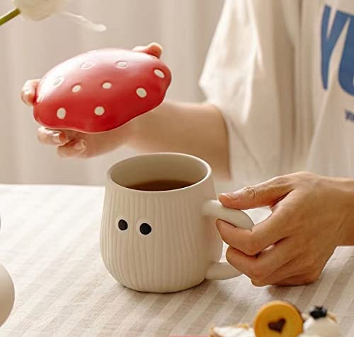 RESVUGA Cute Mushroom Mug with Lid, Handmade Glaze Cover & Eyes, Safety Matt Ceramic Milk Mugs, 300ml Cartoon Tea Cup. Best Gifts for Women & Girls.