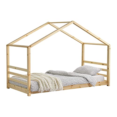 Cama para niños de Pino 90 x 200 cm Cama Infantil Forma de casa en Color Pino Natural